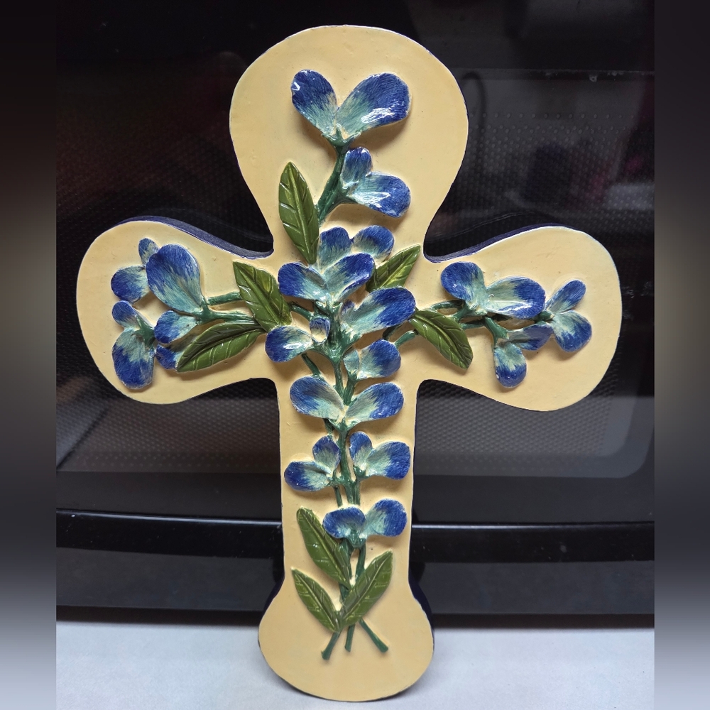 Vtg A La Carte Hand painted Texas Bluebonnets Cross Wall Decor Mexico